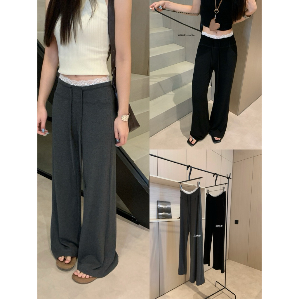 𝐢𝐦𝐜𝐡𝐢𝐜.𝟐𝟐𝐬 | Sẵn Quần Thun Phối Lưng Ren Ống Đứng WGWE Phong Cách Hàn Quốc Thời Trang Nữ