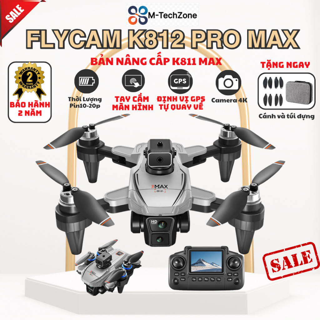 Flycam K812 Pro Max, flaicam Máy Bay Điều Khiển Có Tay Cầm Màn Hình Drone Định Vị GPS Tự Quay Về