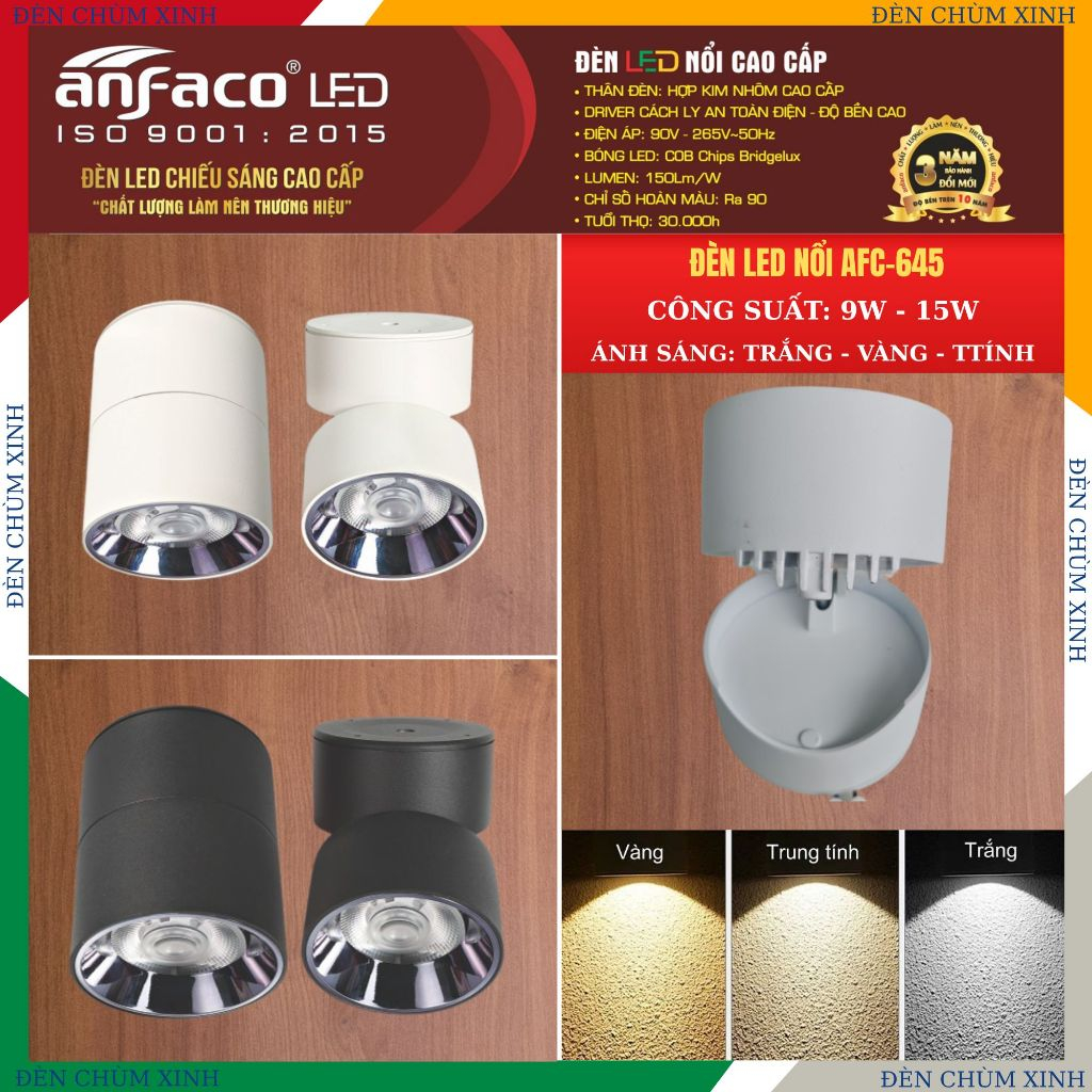 [ĐÈN CHÙM XINH]Đèn lon nổi, đèn downlight chiếu điểm điều chỉnh góc chính hãng ANFACO AFC-645/9W/15W