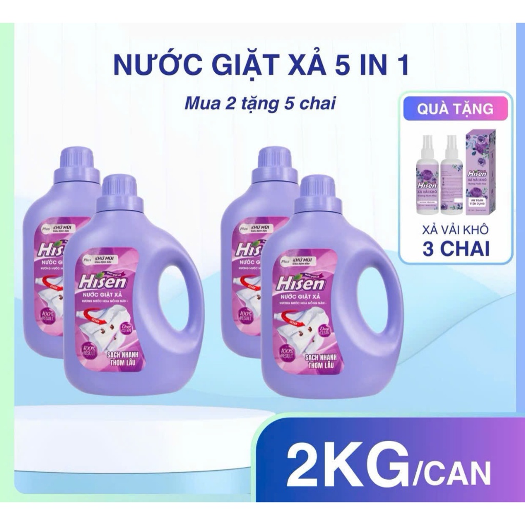 Combo Nước Giặt HISEN – (2KG x 4) + Tặng 3 Xả Vải Khô – Siêu Thơm, Tiết Kiệm - Hương nước hoa nồng nàn - Sạch nhanh