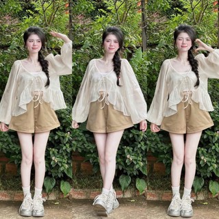  Set bộ đùi thời trang Nữ áo tơ ánh kim dáng rộng dài tay bồng rút dây nơ nhún bèo vạt áo kèm lót phối quần tuyết mưa 