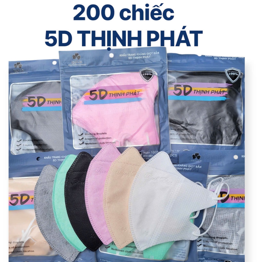 Thùng 200 chiếc khẩu trang 5D THỊNH PHÁT 3 lớp kháng khuẩn chống bụi mịn chống tia UV