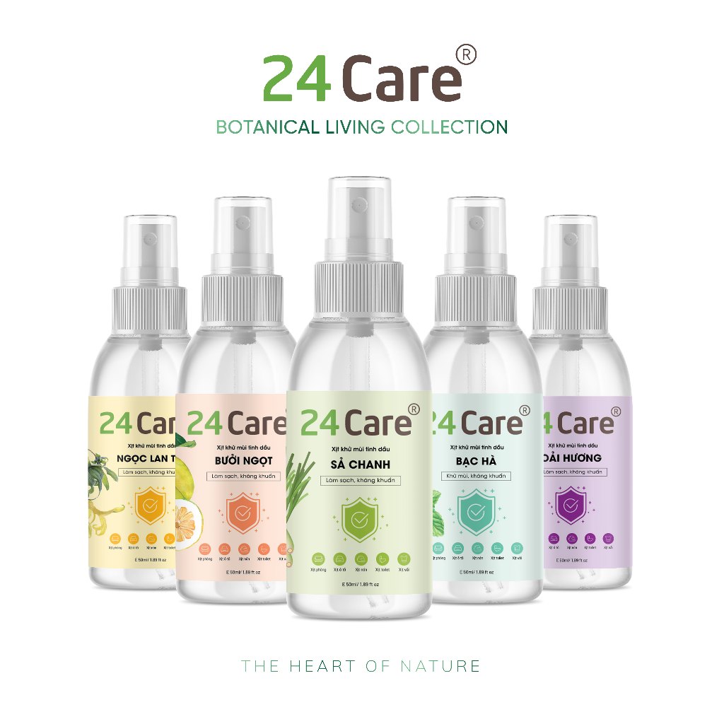 [50ml] Xịt phòng tinh dầu hữu cơ 24Care tinh dầu Sả Chanh/ Bạc Hà/ Quế/ Lavender/ Bưởi/ Oải hương - khử mùi và đuổi muỗi