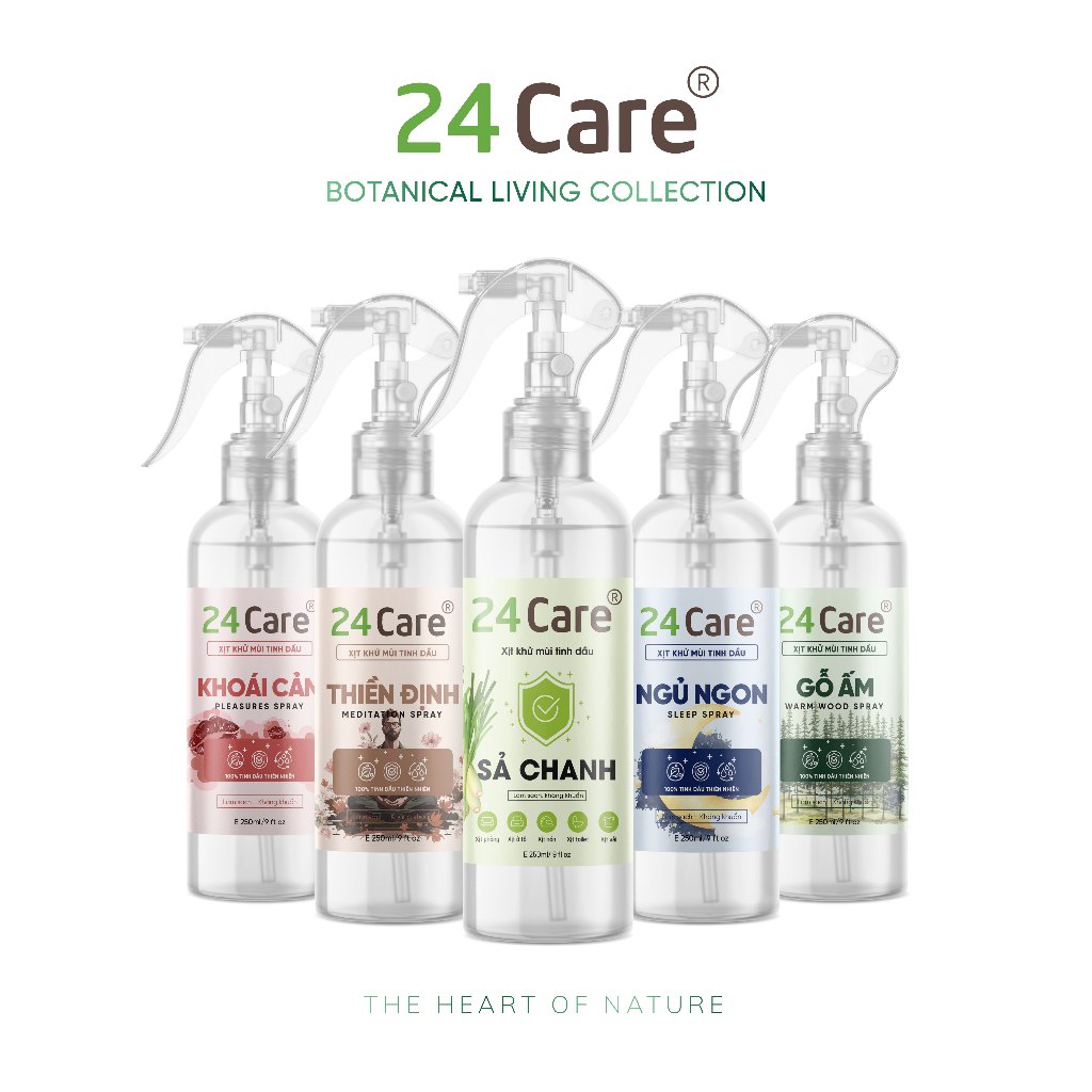 [250ml] Xịt phòng hữu cơ 24Care tinh dầu Sả Chanh/ Bạc Hà/ Quế/ Lavender/ Bưởi/ Oải hương - xịt khử mùi và xua đuổi muỗi