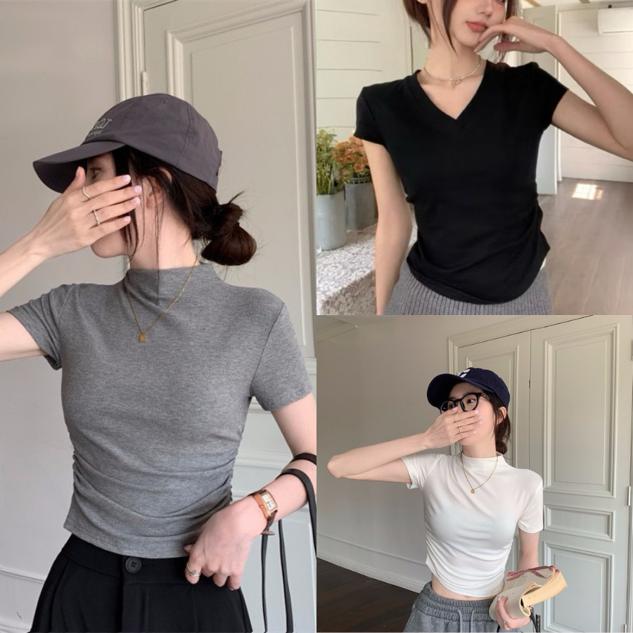 Áo thun nữ ôm body cổ cao tay ngắn chất thun tăm co giãn nhẹ croptop basic VANISA CT063