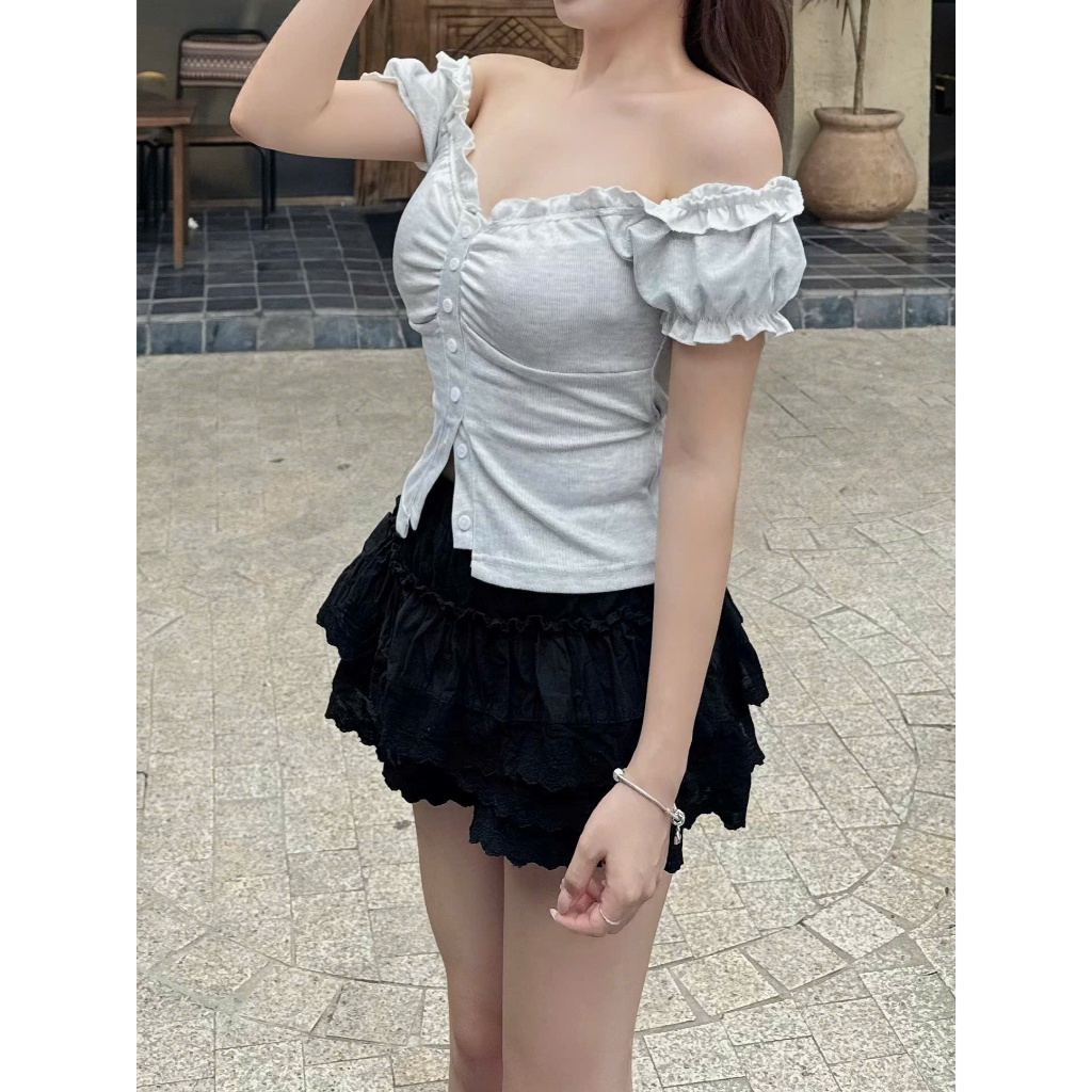 Áo Thun Tay Ngắn Kiểu Trễ Vai Tay Bồng Đóng Khuy Có Dây Thắt Eo Phong Cách Xinh Xắn - TV241 | BigBuy360 - bigbuy360.vn