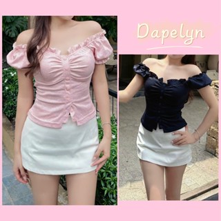 Áo Thun Tay Ngắn Kiểu Trễ Vai Tay Bồng Đóng Khuy Có Dây Thắt Eo Phong Cách Xinh Xắn Tv241