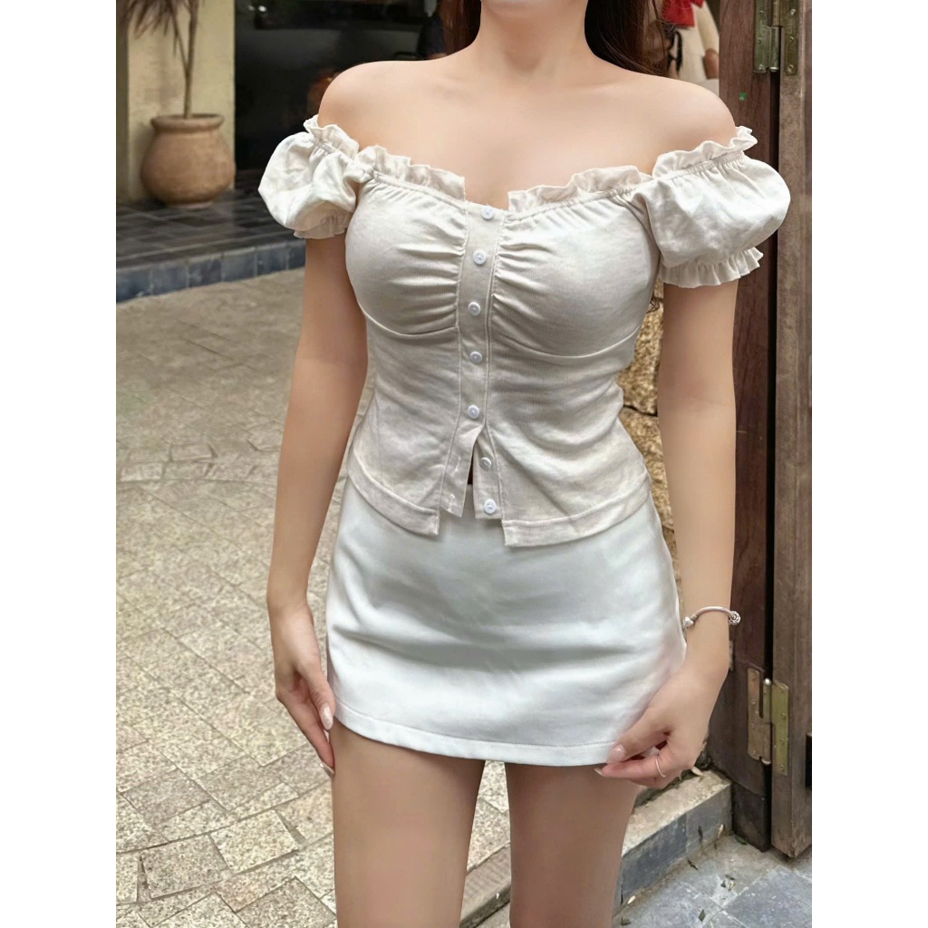 Áo Thun Tay Ngắn Kiểu Trễ Vai Tay Bồng Đóng Khuy Có Dây Thắt Eo Phong Cách Xinh Xắn - TV241 | BigBuy360 - bigbuy360.vn