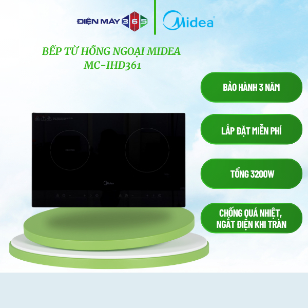 Midea MC-IHD361 – Bếp từ hồng ngoại âm 2 vùng nấu 3200W, điều khiển cảm ứng, mặt kính chịu nhiệt