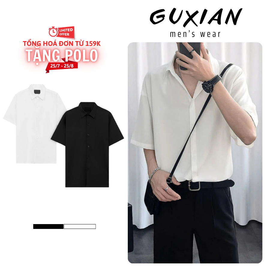 Áo Sơ Mi Nam Tay Ngắn Form Rộng Hàn Quốc Trắng Đen GUXIAN Cao Cấp Lụa Hàn SC09