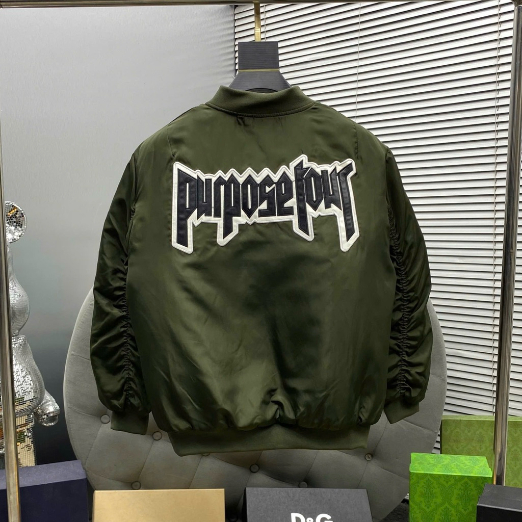 Áo khoác bomber gió nam nữ PB đen thêu chữ da Purpose Tour lưng phối túi khoá tay trần bông Hàng QC 