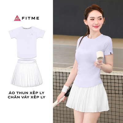 Bộ đồ Pickleball, cầu lông, tennis nữ Fitme áo thun xếp ly Tím Pastel , chân váy xếp ly Trắng năng động