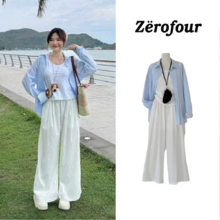 Set áo thu - hè sơ mi xanh tay dài vải thô đũi kèm áo ba lỗ thun tăm mix quần ống rộng trắng đi học đi chơi ZEROFOUR