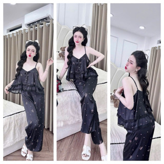 Bộ đồ bộ mặc nhà áo hai tầng nút ngọc trai + quần dài có túi lụa latin 40-65kg vừa.