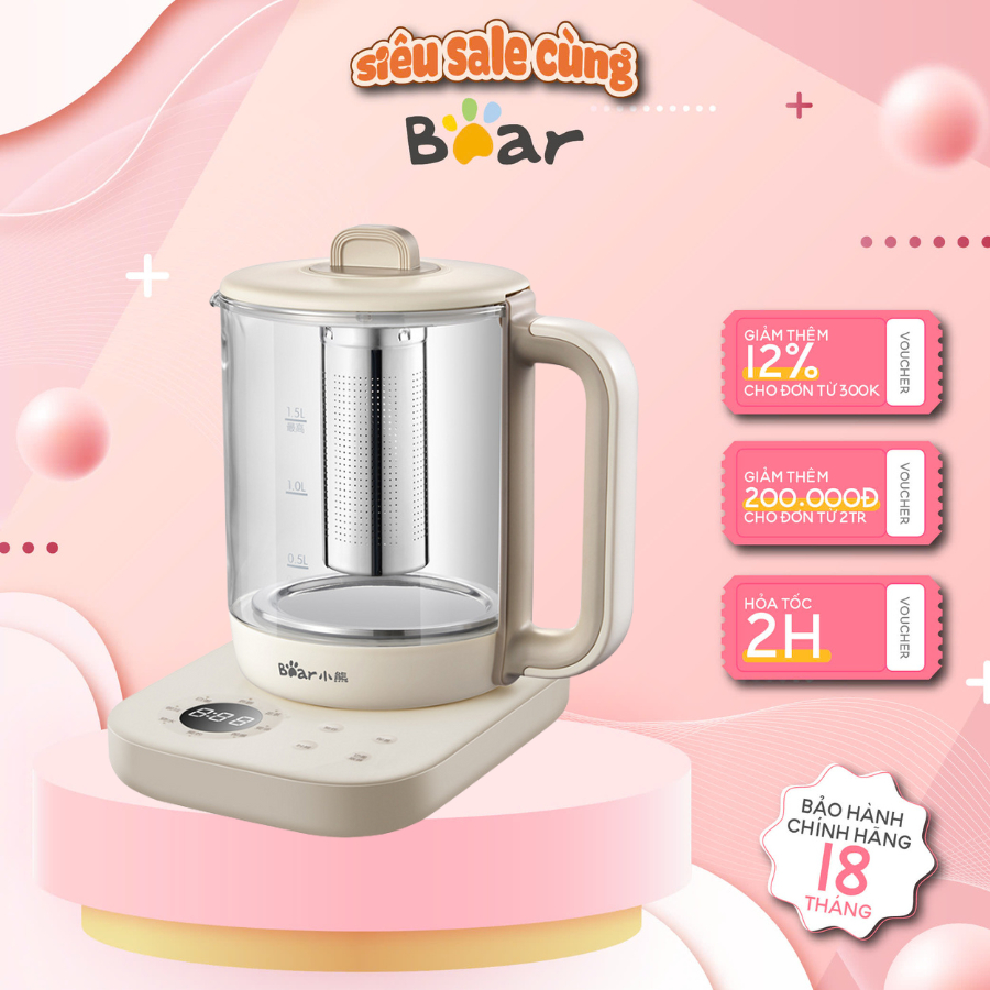 Ấm pha trà điện, đun sôi nhanh Bear YSH-E15G1, Thủy tinh,1.5L, Kèm Lõi Lọc, Có Hẹn Giờ, BH 18 tháng