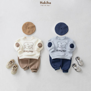 Bộ quần áo dài tay in hình cún đáp tay lạ mắt cho bé trai bé gái Hokiha vải nỉ ép 2 da mềm mại, ấm áp size 8-17kg B163