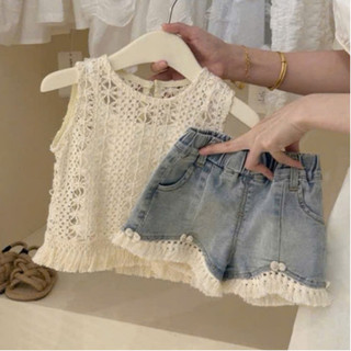  Đồ bộ bé gái set hè pc hàn quốc áo ren sát nách phối quần bò jean ren gấu cho bé 10-30kg Babykids 