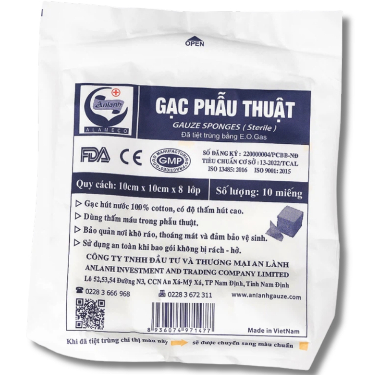 Gạc phẫu thuật An Lành kích thước 10cm ×10cm×8 lớp