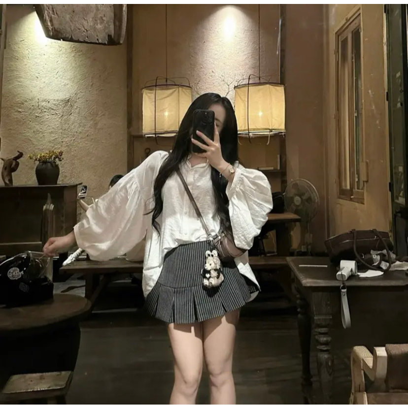 [VIDEO/ SẴN] SET ÁO SƠ MI TAY BỒNG CHẤT ĐŨI CỔ TÀU MIX CHÂN VÁY KẺ XẾP LY XOÈ BỒNG 2MONDAY S44 | BigBuy360 - bigbuy360.vn