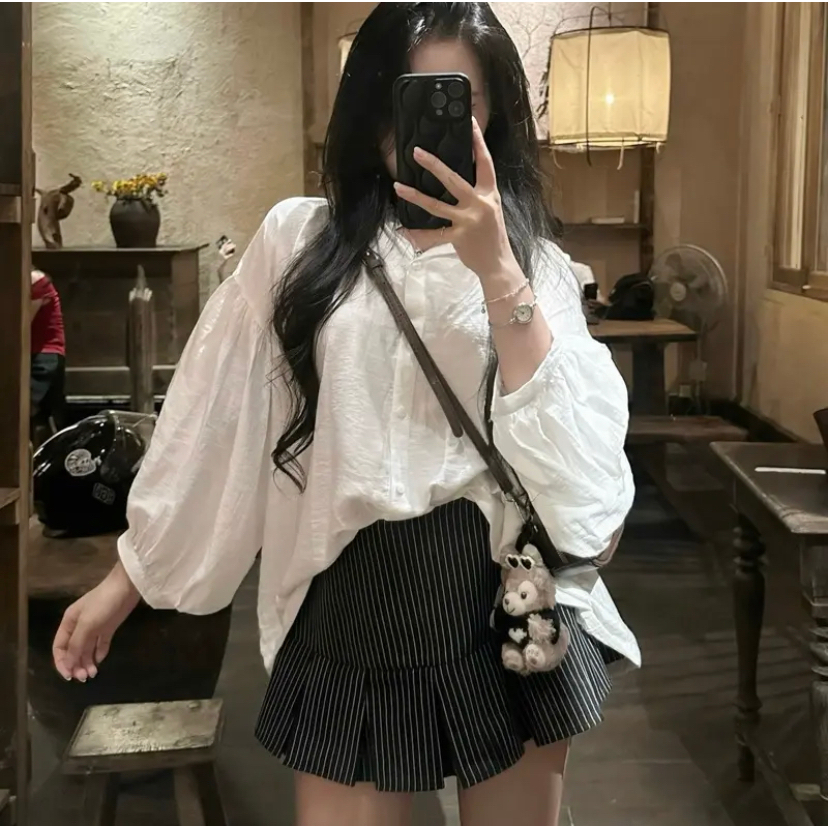 [VIDEO/ SẴN] SET ÁO SƠ MI TAY BỒNG CHẤT ĐŨI CỔ TÀU MIX CHÂN VÁY KẺ XẾP LY XOÈ BỒNG 2MONDAY S44 | BigBuy360 - bigbuy360.vn