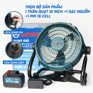 Quạt 12 inch boshun bh-q1202 chạy pin và điện - 100% lõi đồng cò vô cấp chỉnh tốc, gập lên xuống 360 độ, có móc treo