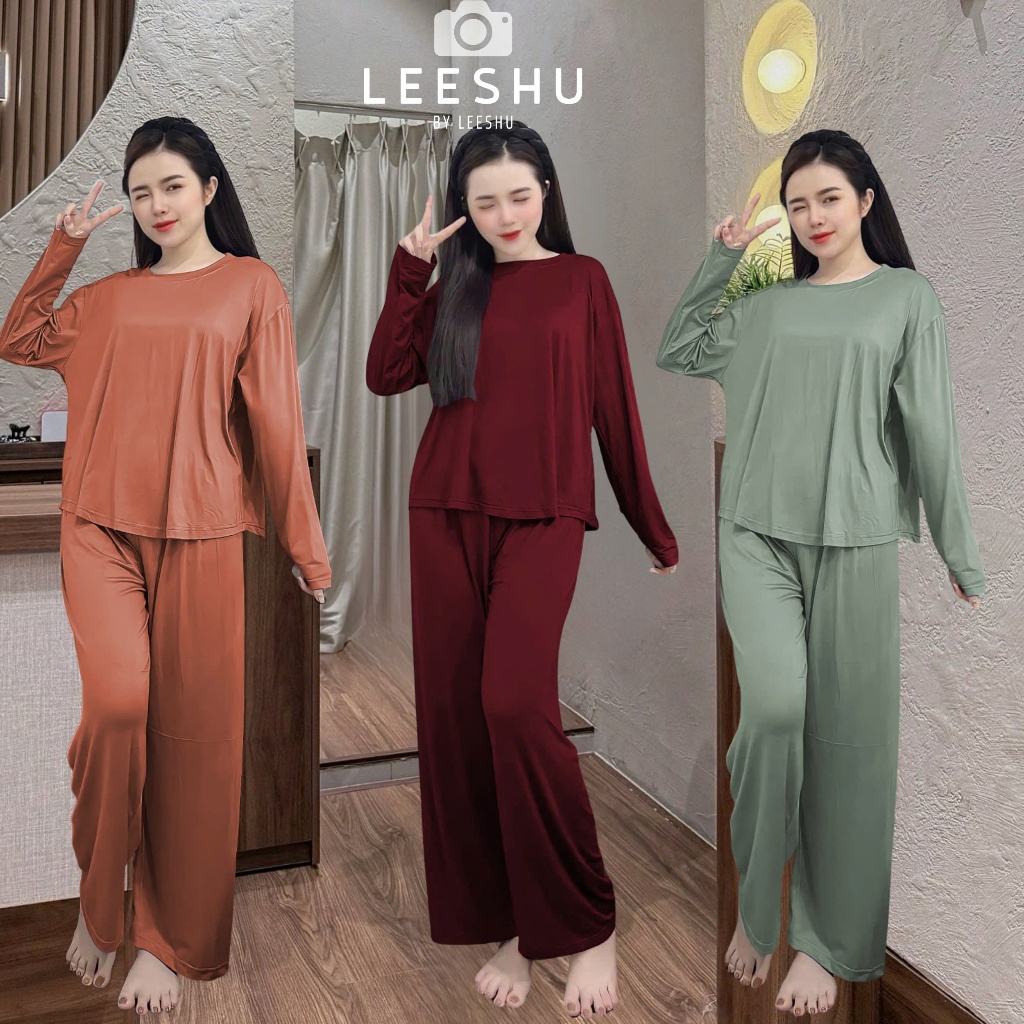 Bộ thun lạnh tay dài mặc nhà có Bigsize,Bộ ủ kem áo tay dài quần ống suông rộng Leeshu vải thun lạnh cotton mềm mại