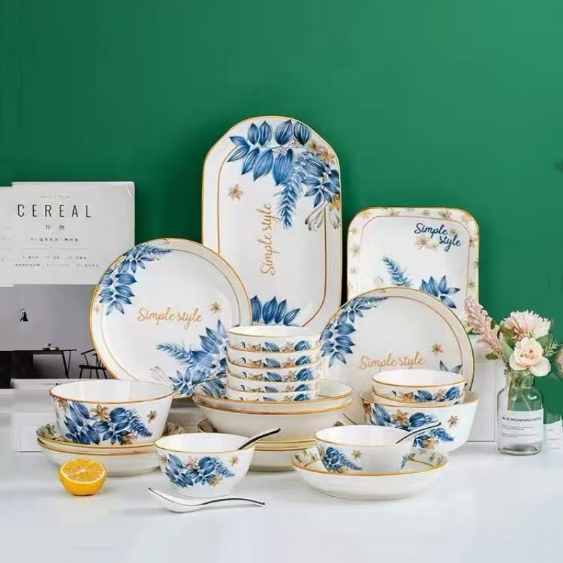 Set tô chén đĩa Simple style gốm sứ tráng men xanh cao cấp - set 4 người/ 6 người / 10 người