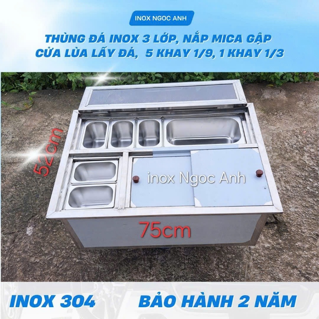 Thùng đá inox 3 lớp làm lạnh topping có nắp mica trong, cửa lùa lấy đá loại 5 khay 1/9 và 1 khay 1/3