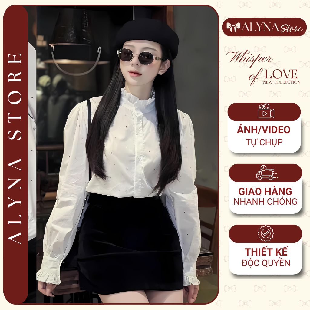   GIÁ SỐC  Áo sơ mi trắng cổ trụ đính đá bèo áo kiểu trắng áo bling bilng đi học đi làm kiểu dáng Hàn Quốc ALANA A213 