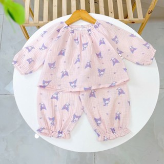 Pijama cho bé gái Lá Homewear A299 xô muslin nhẹ mát, đồ bộ dài tay cho bé cổ chun đính nơ xinh xắn