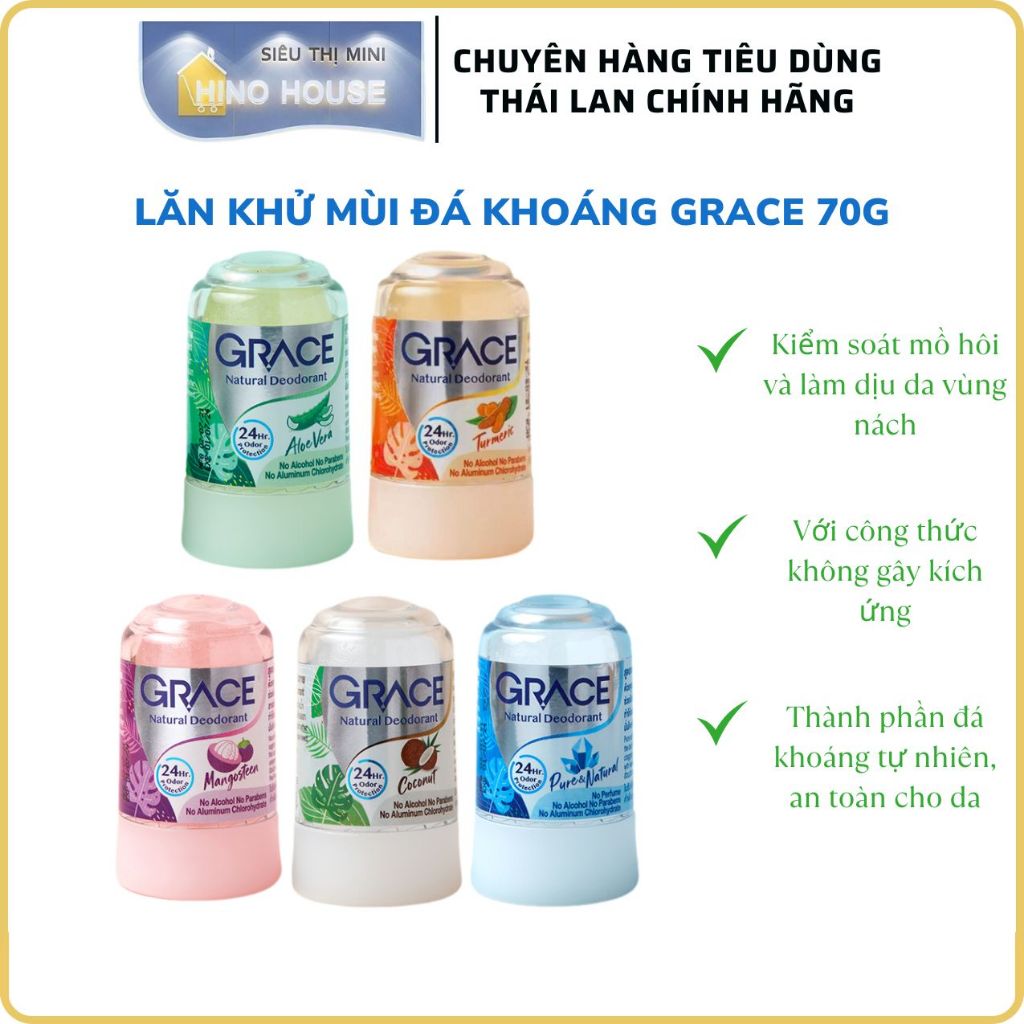Lăn Khử Mùi Đá Khoáng Grace 70g Thái Lan Kiểm Soát Mồ Hôi, Khử Mùi Cơ Thể, Mát Lạnh Làn Da - HINO