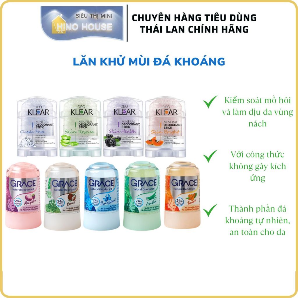Lăn Khử Mùi Đá Khoáng Phèn Chua (Klear - Grace) 70g Thái Lan, Giảm Mồ Hôi, Khử Mùi Cơ Thể - HINO