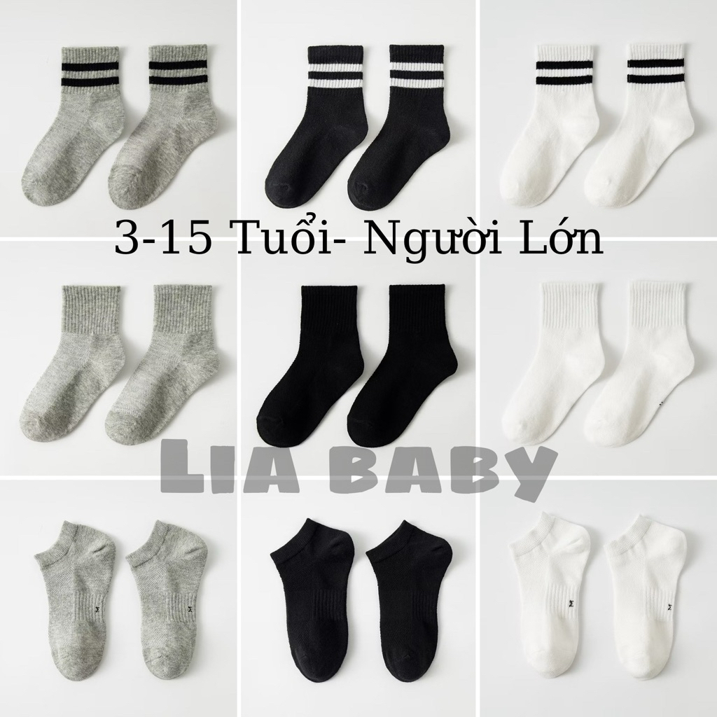 Tất Vớ Cổ Cao Cổ Ngắn Trắng Đen Xám Mẫu Trơn Sọc Thể Thao Đơn Giản Cho Bé Trai Bé Gái [BS02]