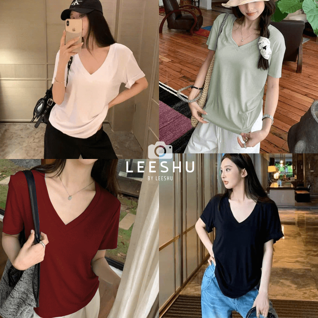 Áo cổ tim tay cộc vải thun lạnh form rộng nhiều màu ❤Leeshu❤ Áo thun cổ V chất thun lạnh mềm mát có Bigsize