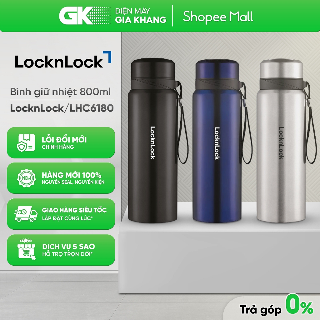 [K3] LHC6180 - Bình Giữ Nhiệt Lock&Lock Vacuum Bottle 800ml LHC6180BLK | LHC6180FU | LHC6180SLV [Toà