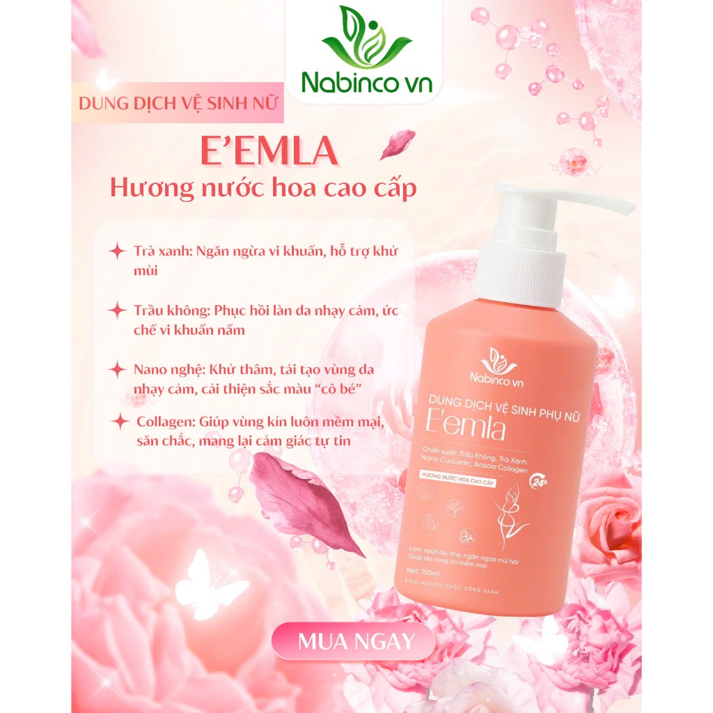Dung dịch vệ sinh thảo dược nữ E'EMLA 150ml - Chiết xuất trà xanh, trầu không, nano nghệ, collagen