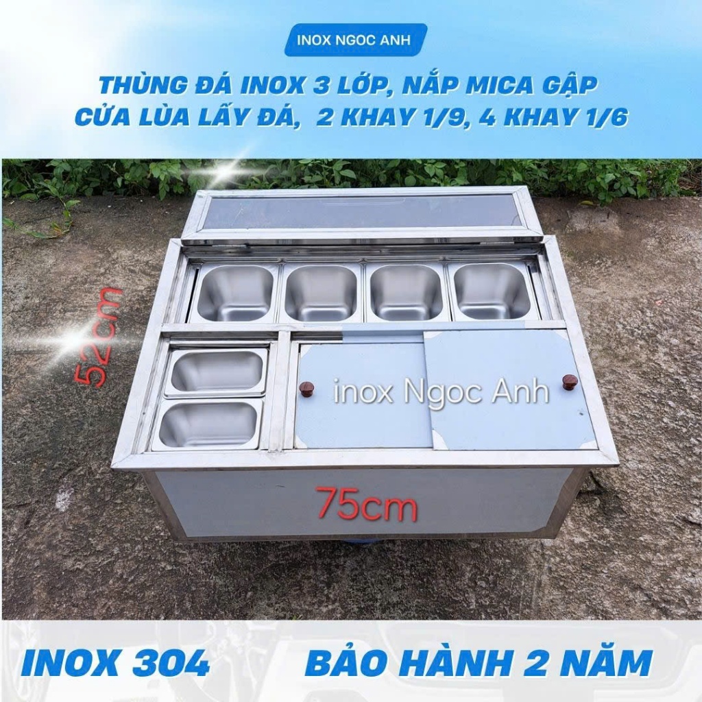 Thùng đá inox 3 lớp làm lạnh topping có nắp mica trong, cửa lùa lấy đá loại 2 khay 1/9 và 4 khay 1/6