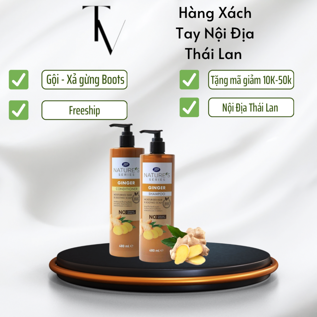 Gội xả gừng Boots hỗ trợ giảm tóc xơ rối, gãy rụng. Dầu gội thiên nhiên chiết xuất gừng tươi an toàn
