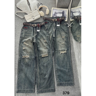 Quần jean nữ ống suông rộng Bigsize 55-90kg lưng cao phối rách kèm viền đỏ nổi bật, kiểu quần bò ống rộng Ms379