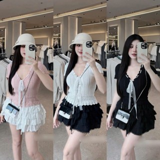 Áo len nữ , áo len tay ngắn nơ ren cổ tiểu thư hàng QC chất len dệt kim màu trắng đen hồng PC Hàn Quốc