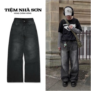 Quần Jean Wash Đen Ống Suông Unisex Cạp Cao Nam Nữ Tiệm Nhà SƠN