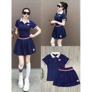 [PICKLEBALL] Bộ tập thể thao Miumiu nữ chất đẹp: áo polo cài cúc mix chân váy, chơi golf, tennis, cầu lông, pickleball