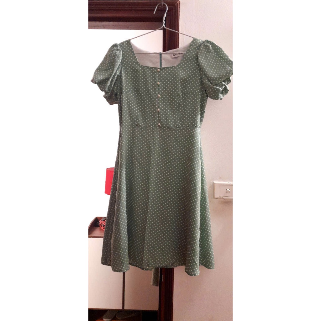 Thanh lý đầm lụa nữ chấm bi xanh size L Zym House mát mẻ, trẻ trung mặc đi chơi đi làm