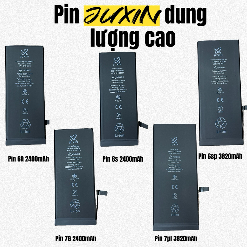 Pin juxin dung lượng siêu cao cho dòng máy 4s/5s/6g/6s/6sp/7g/7p tặng kèm bộ tô vít tháo lắp máy + s