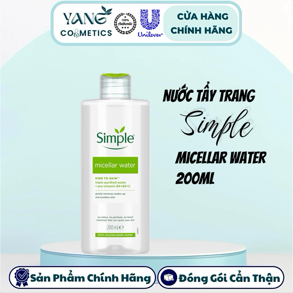 Nước Tẩy Trang Simple 200ml Micellar Water Gently Lành Tính Mọi Loại da, Nước Tẩy Trang Simple