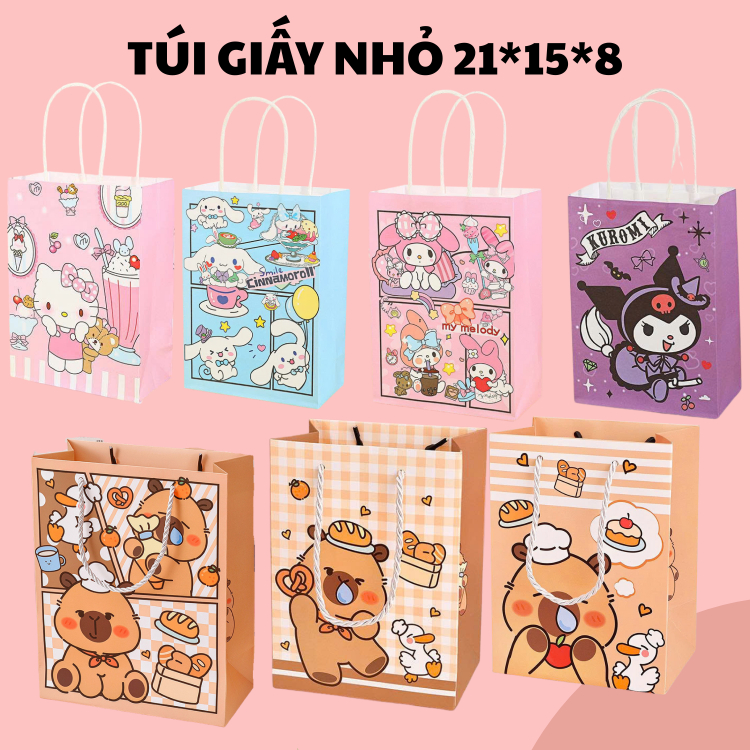 COMBO 10 TÚI GIẤY QUÀ TẶNG HÌNH CAPYBARA, KUROMI, MELODY, KITTY, TÚI ĐỰNG QUÀ SINH NHẬT