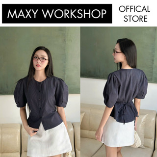 Áo kiểu tay phồng cột nơ sau chiết eo xinh Striped Puff Sleeve Top Maxy Workshop