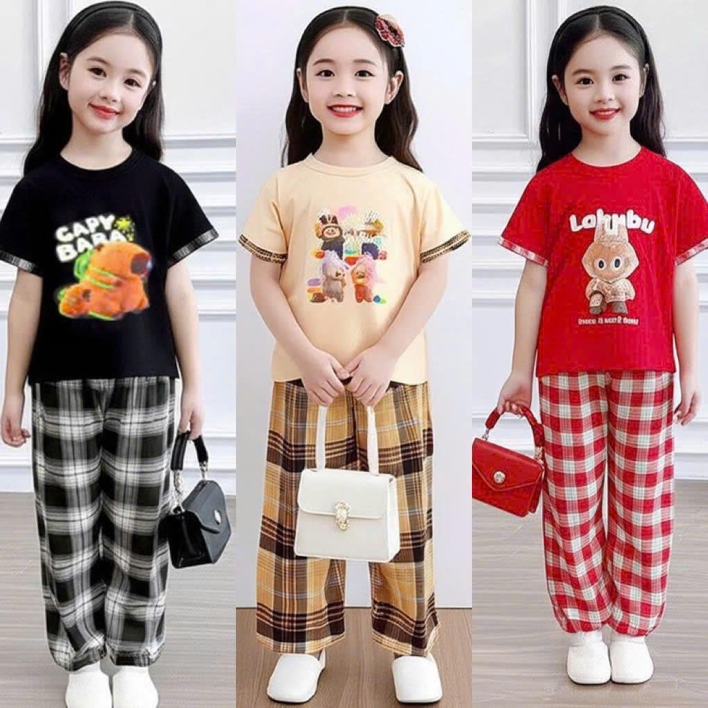Combo 3 bộ áo cộc labubu quần kẻ xuông cho bé gái size 10-55kg