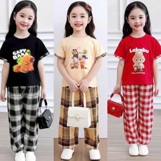 Combo 3 bộ áo cộc labubu quần kẻ xuông cho bé gái size 10-55kg