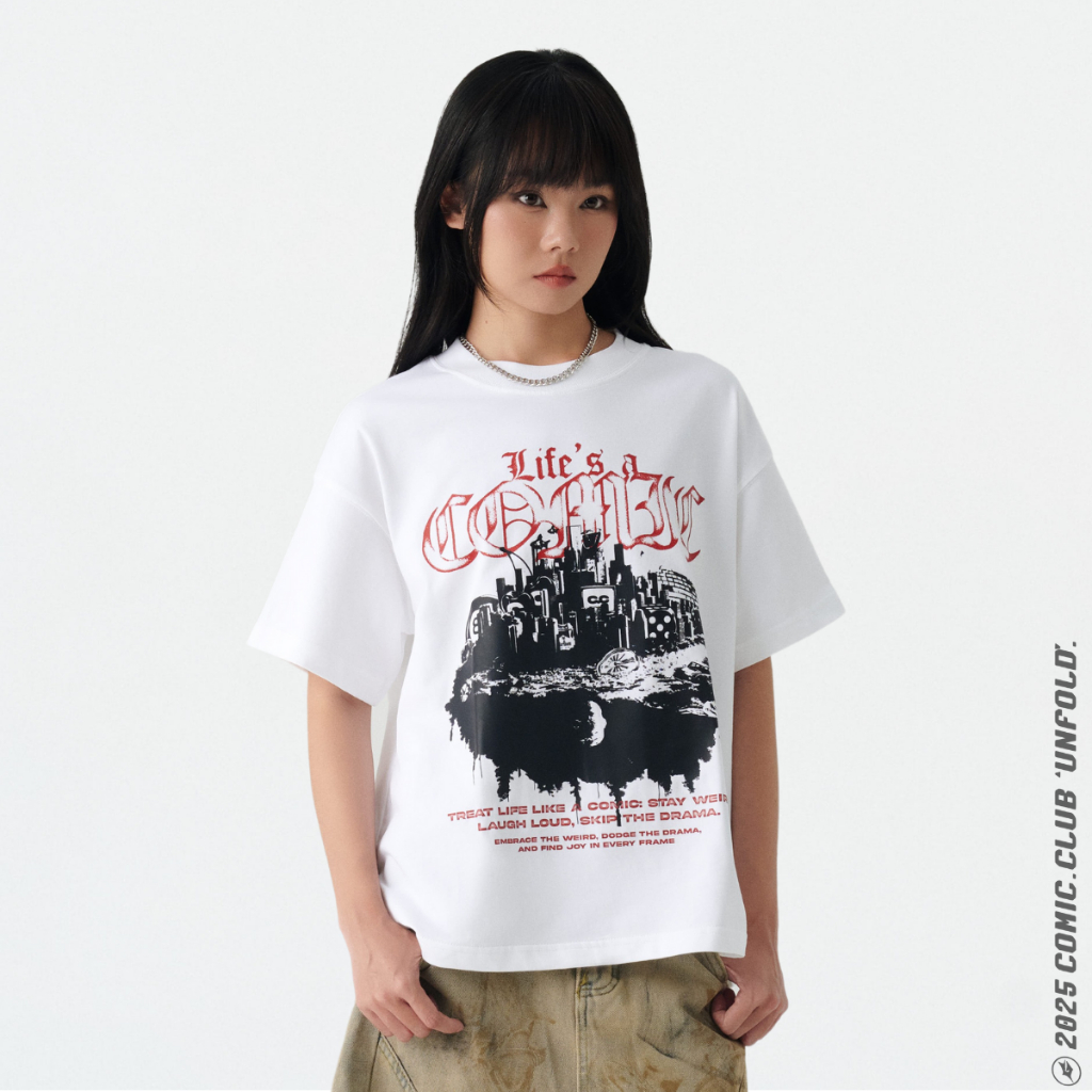 Áo thun Boxy 'Thành Phố Comic' trắng tay ngắn 100% Cotton 2 chiều - COMIC Boxy T-shirt